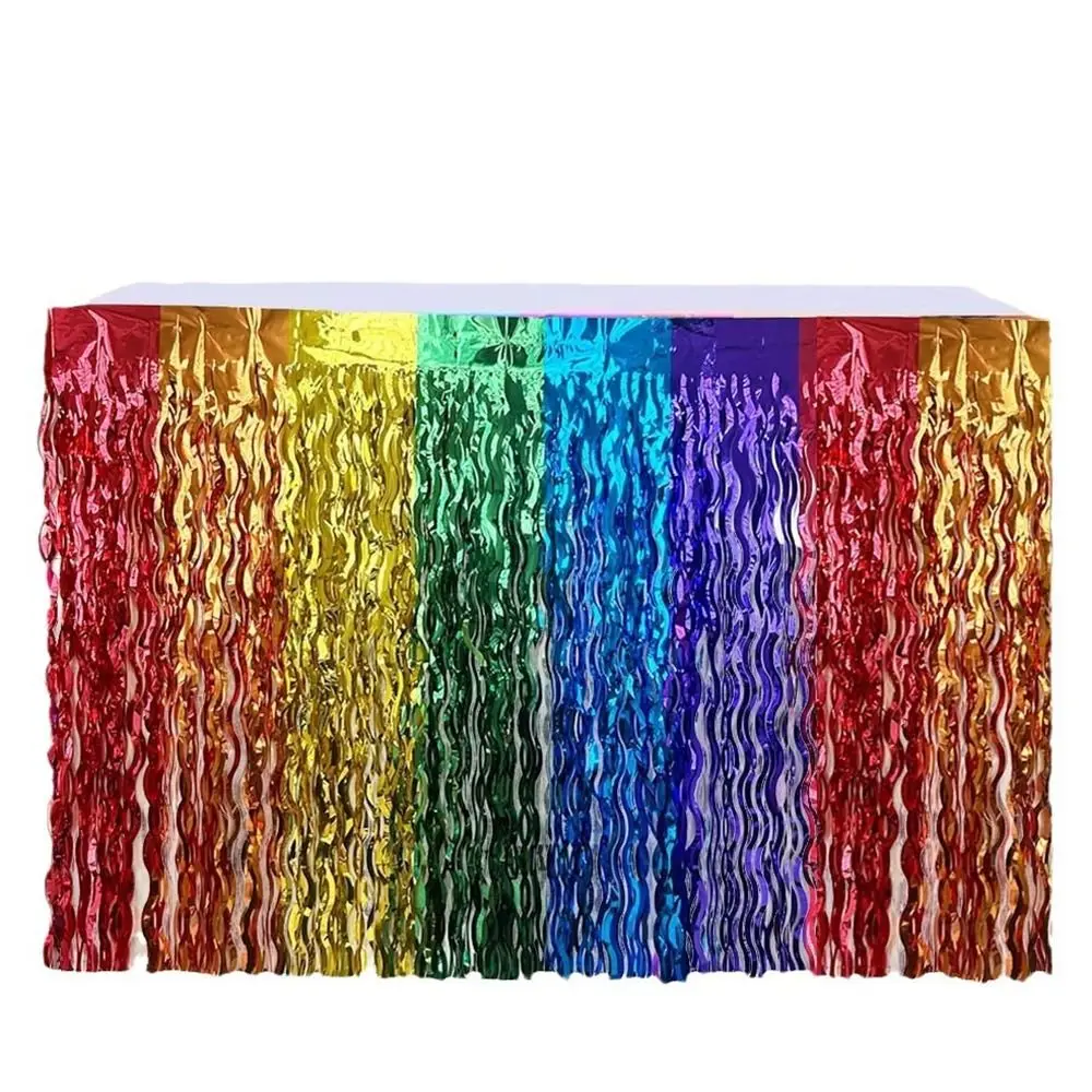 Colorful Rainbow Wavy Table Skirt 75*275cm Metallic Foil Tinsel Graduation Ceremony Table Dress Dress Party Decor
