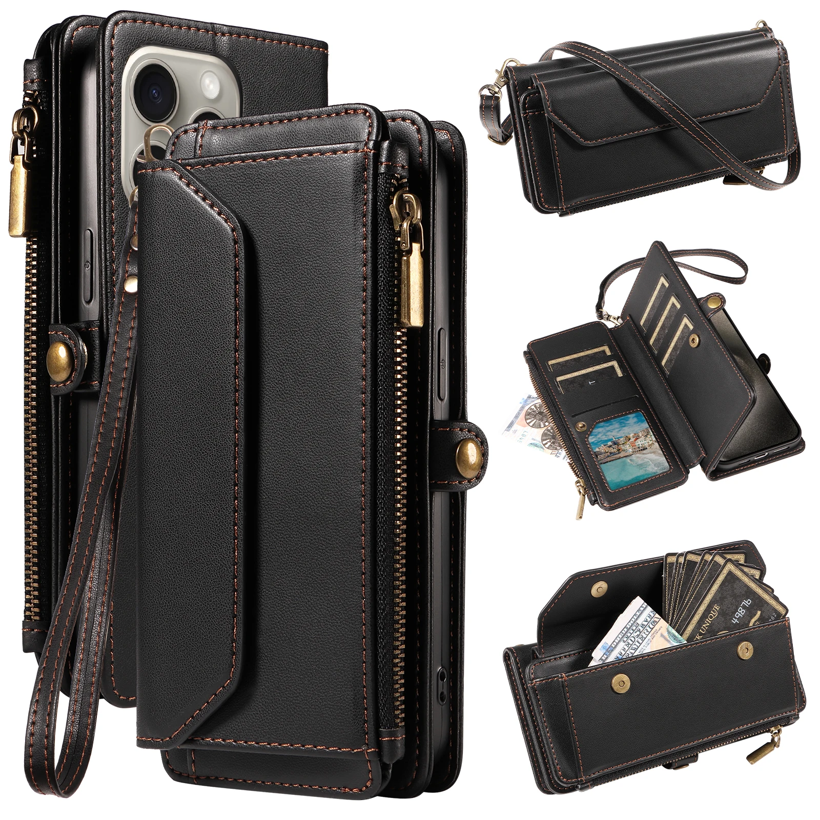 Deluxe Multi-Card Slot Wallet-Style Phone Case with Long and Short Straps, Protective Coin Pocket & Crossbody Strap, Anti-Drop Faux Leather Design