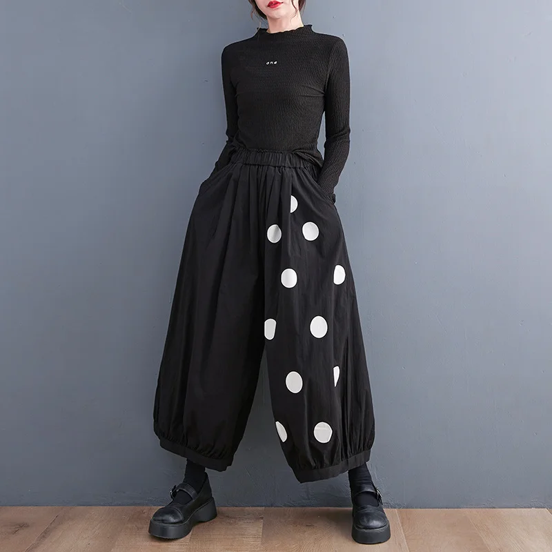 #2930 Summer Polka Dot Printed Pants Women Loose Vintage Thin Wide Leg Pants High Waisted Bloomers Trousers Ladies Streetwear