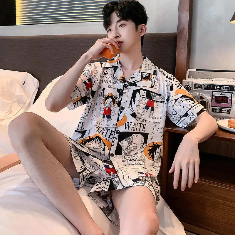 Mens Pajamas Set Summer Short Sleeve Ice Silk Home Clothes Young Boys Anime Pijama School Roomwear Cozy Nightgown Suits