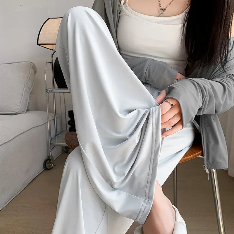 Summer Women's 2024 New Spliced Elasticized High-waisted Drawstring Fashion Loose Minimalist Comfortable Casual Straight Pants
