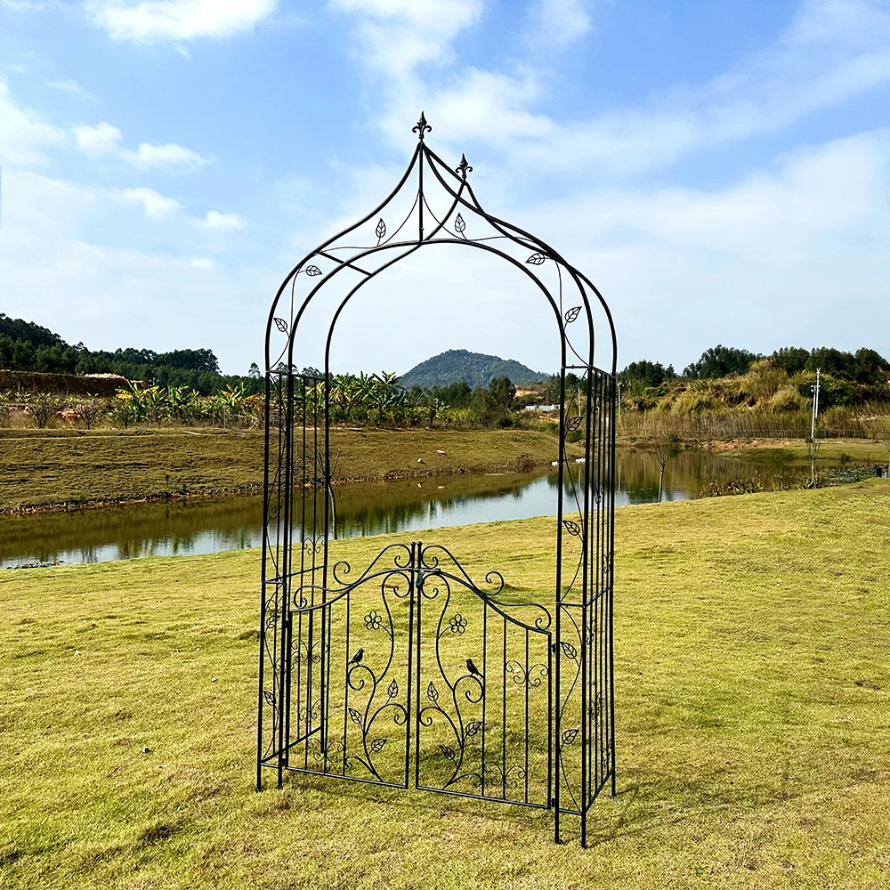 Sturdy metal garden arch gazebo with decorative iron gate-perfect for climbing plants in lawns, backyards and gardens