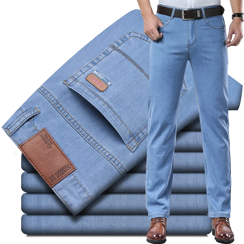 New Thin Denim Jeans Men's Blue Straight Stretch Cotton Pants High Quality Business Casual Lightweight Pants Summer Autumn 3