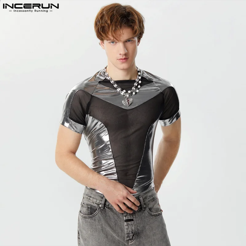 INCERUN 2024 Men's Bodysuits Mesh Patchwork Shiny O-neck Short Sleeve Male Rompers Transparent Streetwear Fashion Bodysuit S-3XL