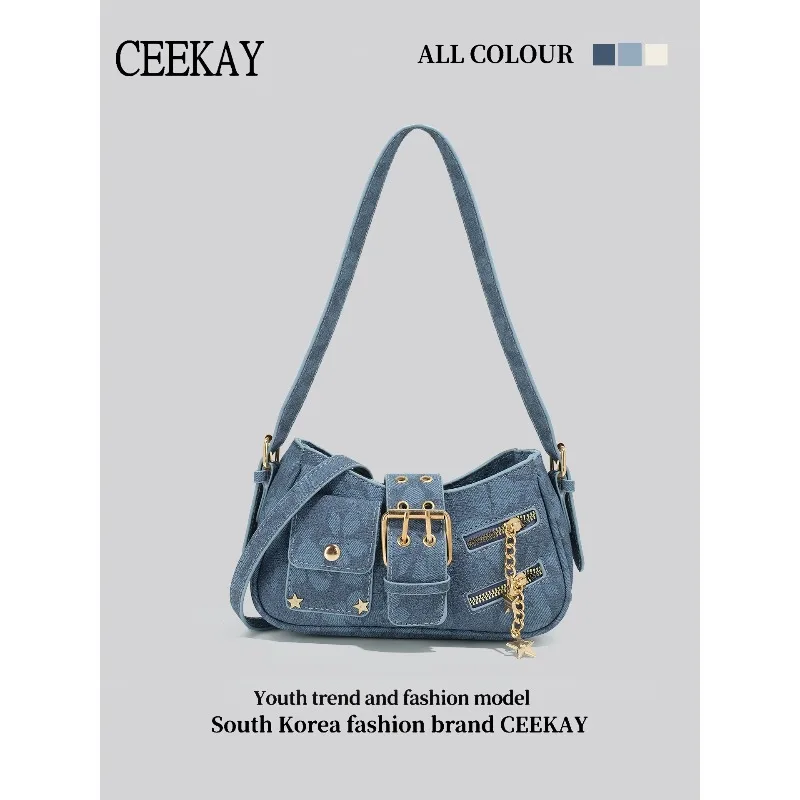 2026 Neue CEEKAY Denim Schultertasche, Y2K-Stil Hobo-Tasche mit Gürtelschnallen-Dekor, Lässige Unterarmtasche für Damen, Trendige Denim-Tragetasche
