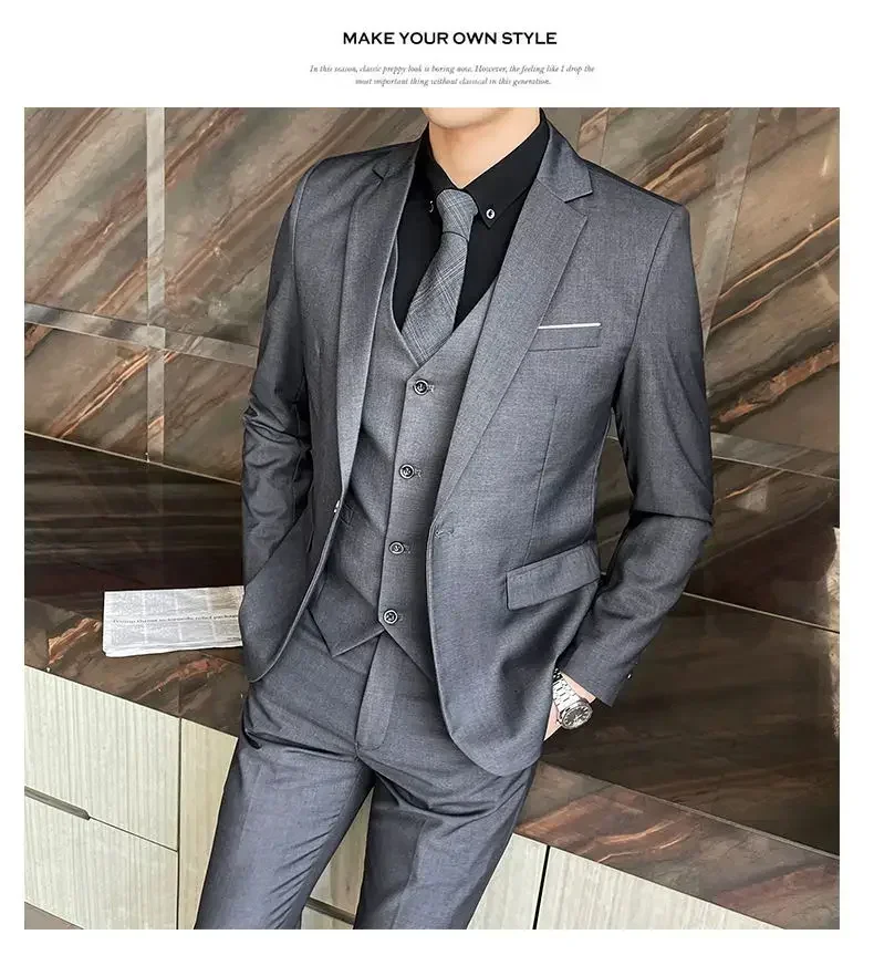 New striped men's thickened casual suit three-piece suit high-end wedding