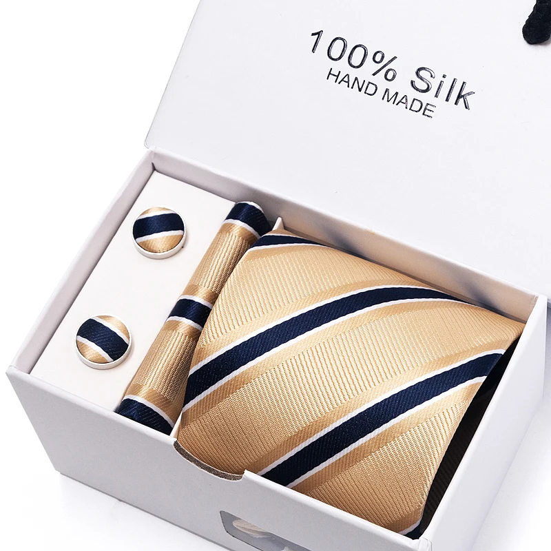 

Wholesale Holiday Present Brand Silk Tie Pocket Squares Cufflink Set Necktie Box Wedding Accessories Man Gold Striped Office