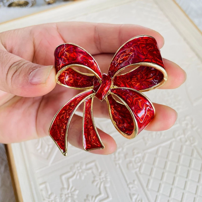 New Bow Brooch Transparent Red Enamel Color Brooch Retro Palace Style Girls' Clothing Accessories Pins