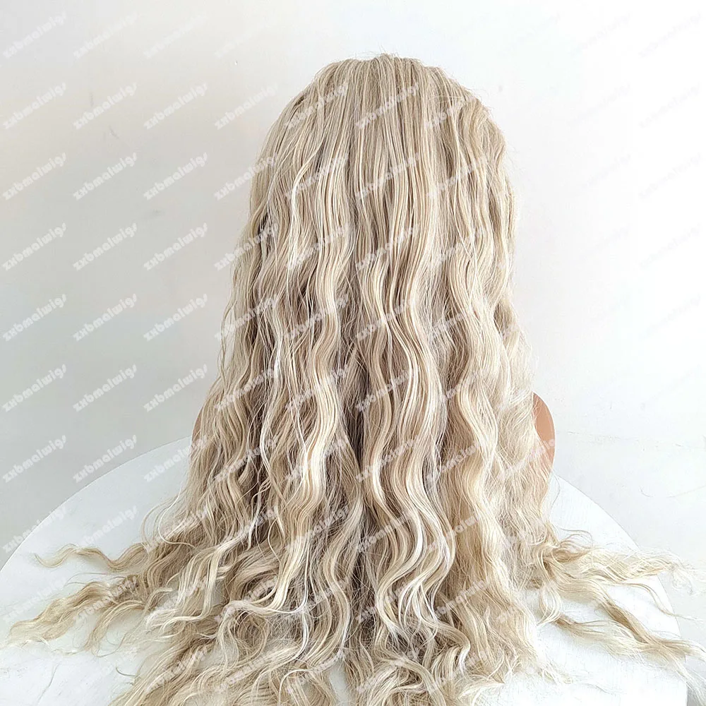 Ombre Blonde Highlight Deep Wave Synthetic Hair Lace Front Wigs for White Women Glueless High Temperature Fiber Cosplay Wigs