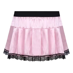 Soft Satin Skirt Man Sissy Gay Nightwear Lace Trim Pleated Miniskirt Solid Color Printed Skirt Men Role Play Theme Party Costume