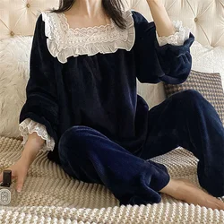 Autumn and Winter Thickened Flannel Sweet Pajama Set Female Lovely Warm Long Sleeve Princess Style Coral Velvet Home Clothes