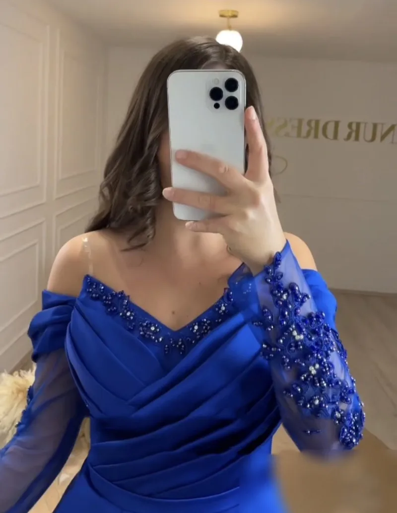Honey Couture AMARA Royal Blue Satin Diamanté Detail Off The Shoulder