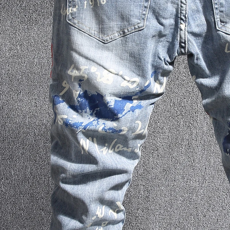 Street Fashion Men Jeans Retro Light Blue Slim Fit Printed Designer Jeans Men Punk Trousers Hip Hop Casual Pencil Pants Hombre