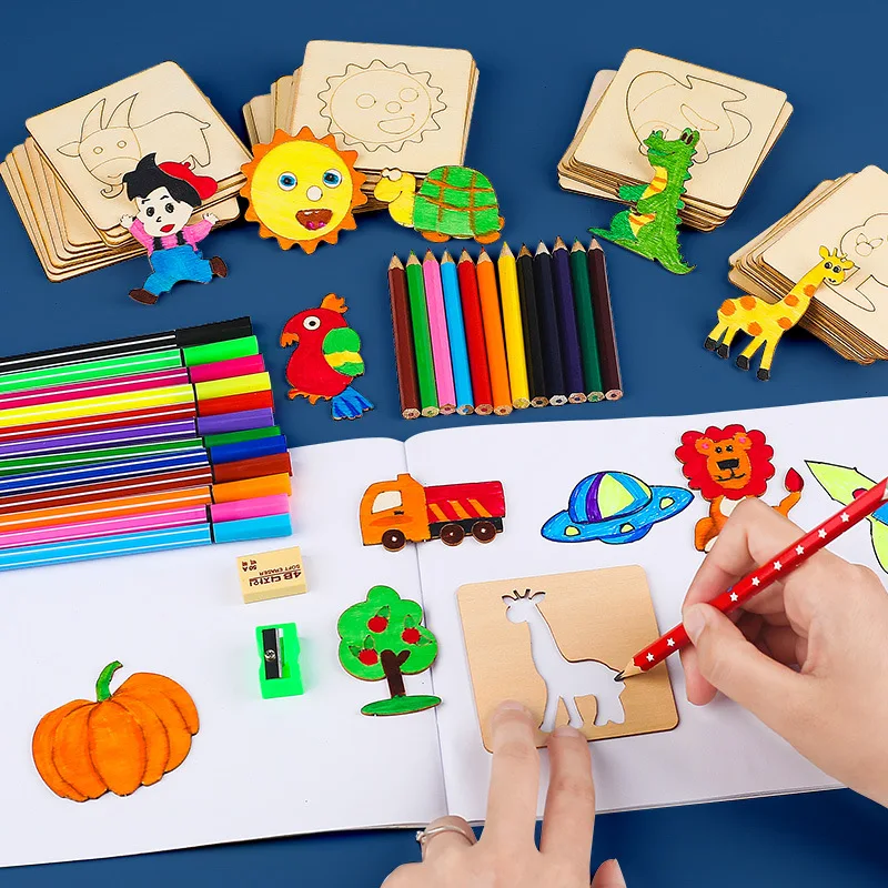 

20pcs Kids Wooden Drawing Toys DIY Painting Template Stencils Kit Montessori Learning Educational Toys For Children Accessories