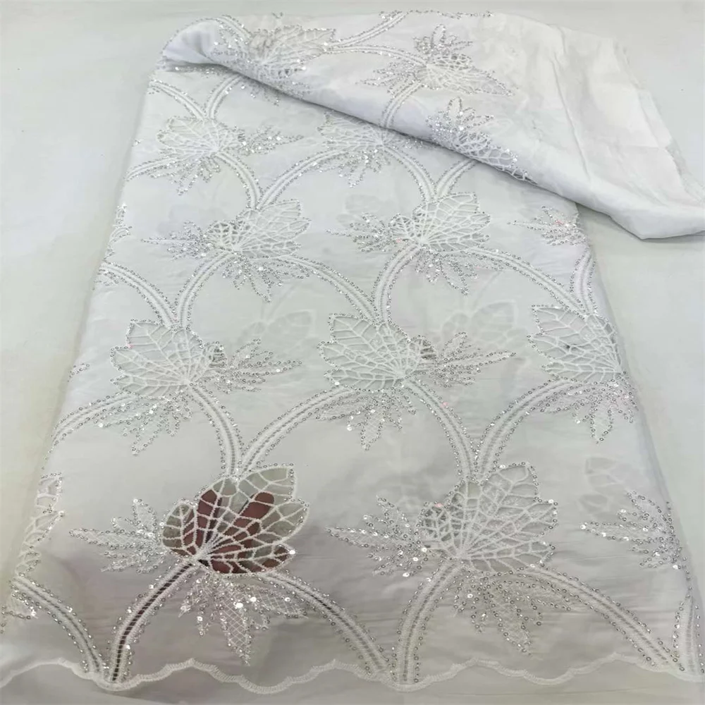 

White Austria Cotton African Polished Fabric 2024 Milk Silk Lace for Occasions Celebrants 5 Yards Swiss Voile Lace Sew