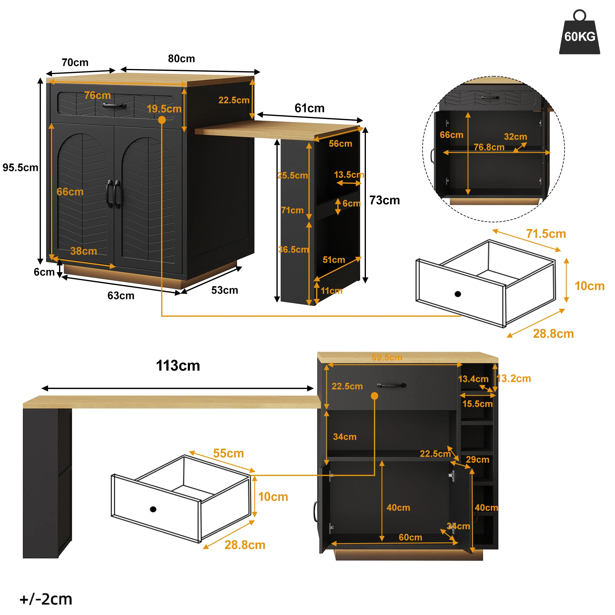 Kücheninsel, Küchenschrank, Barschrank mit LED-Lichtleiste, fester Servierwagen, mit ausziehbarem Tisch, 2 Schubladen, 4 Türen – Detail 5