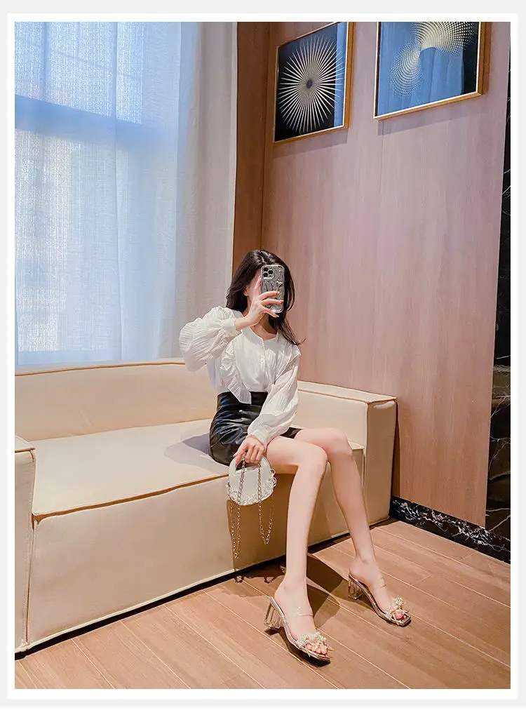 New Fashion Square Head Transparent Thick Heel Sexy Transparent Sandals Simulated Flowers New Trendy Summer Slippers for Women