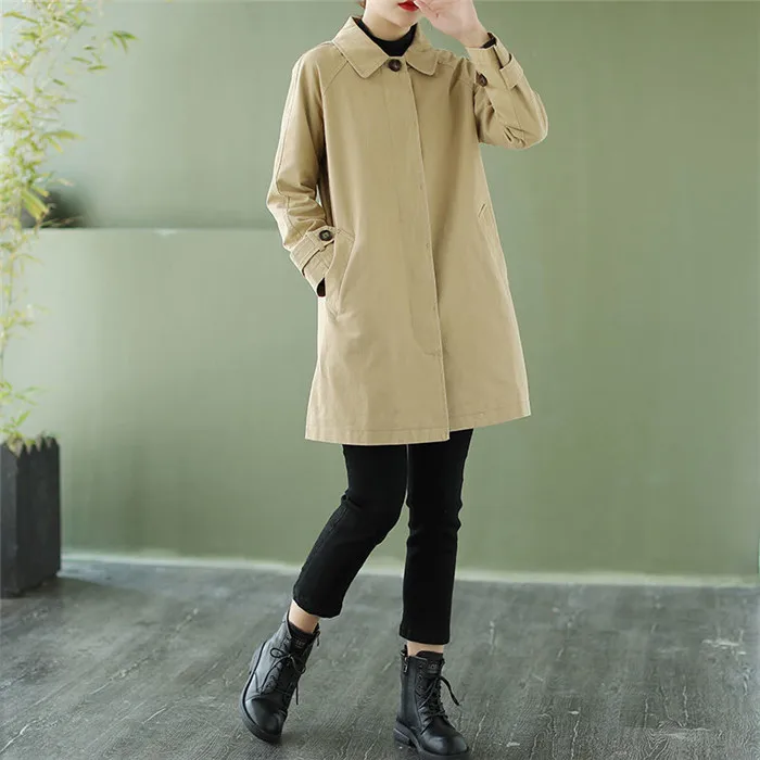 Washed Cotton Trench Coat Women's Spring Autumn Korean Loose Windbreaker Coat Casual Mid-Length Single-Breasted Khaki Outerwear bubble coat women