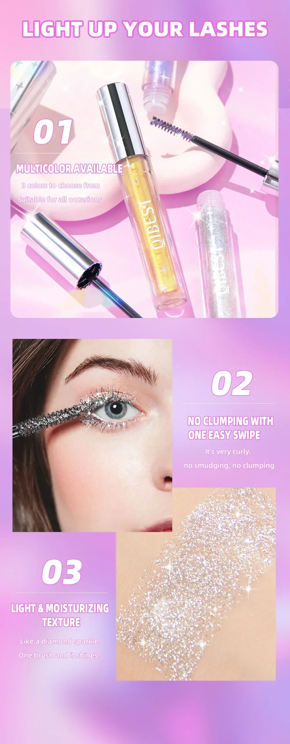 Description Picture 6 of itemSliver Gold Purple Glitter Mascara Quick Dry Long Lasting Waterproof Curling Thick Shiny Eyelash Sexy Diamond Mascara Makeup