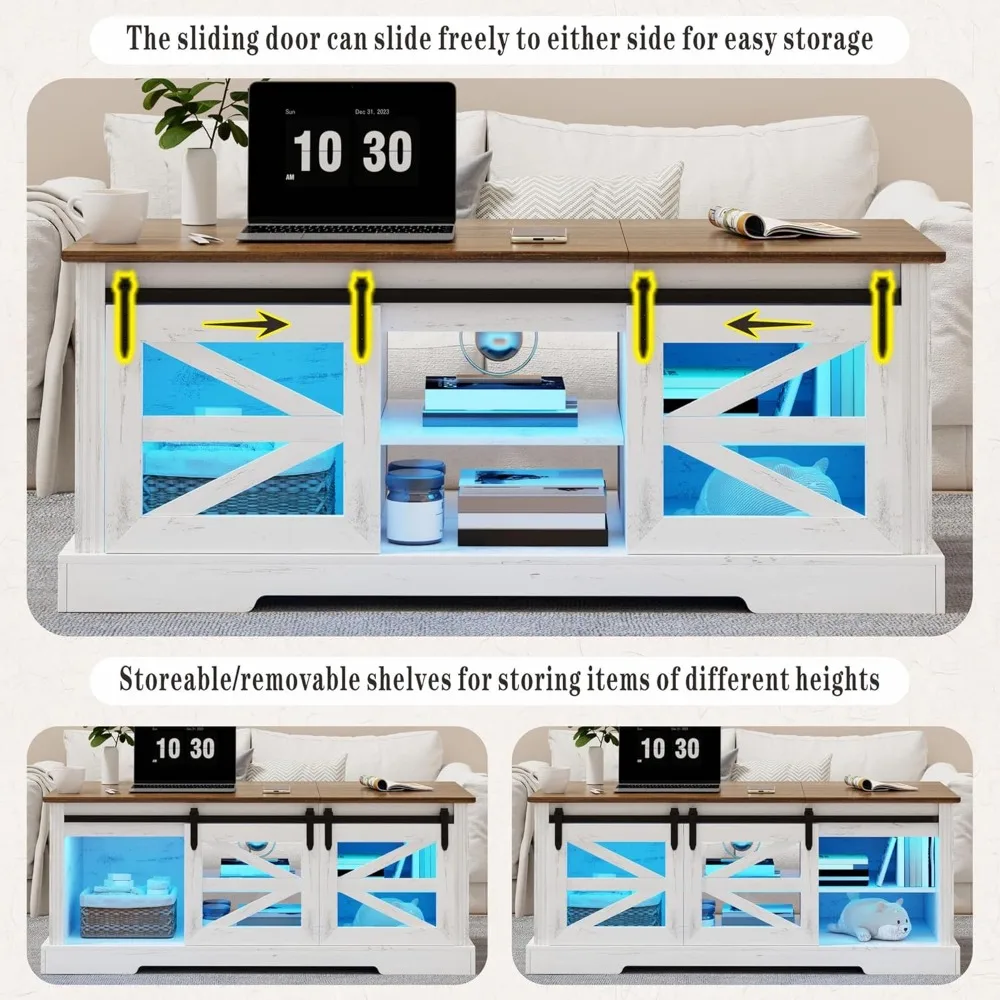 Lift Top Coffee Table with Gun Cabinet, 2 Sliding Barn Doors-Large Storage and 3 Color LED Lights fit, Café Tables 4
