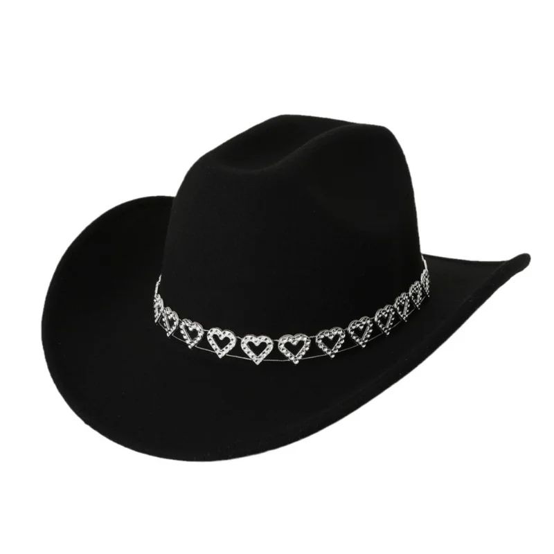 Lamuusaa y2k Women Rhinestone Heart Cowgirl Hat Wide Brim Western Hat Themed Party Cap Accessories