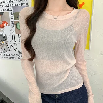 تي شيرت أساسي برقبة دائرية واقي من الشمس وأكمام طويلة رفيع تي شيرت للنساء للربيع والصيف تي شيرت كوري أنيق وردي تي شيرت ضيق Mujer 3