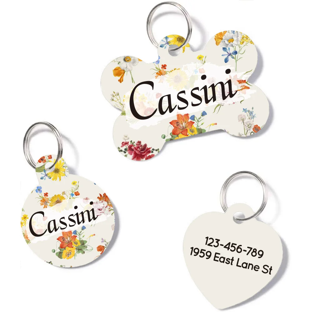 

Dog Name Tags Personalized with Flowers and Plants Designs, Colorful Design Printed Pet ID Tags with Custom Name and Address
