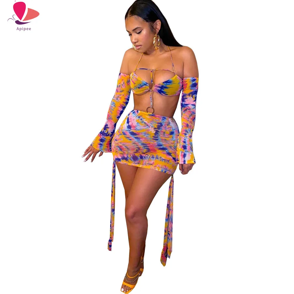 

Sheer Mesh Tie Dye Print Cut Out Beach wear Dress Sexy Halter Long Sleeve Hollow Out Bandage Bodycon Club Party Dresses Clothing