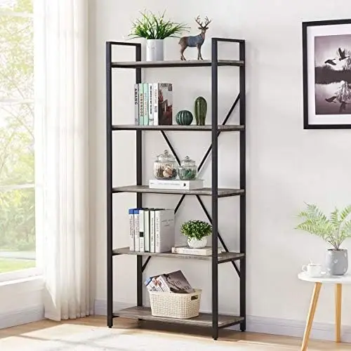 

Bookshelf, Etagere Bookcases and Book Shelves 5 Tier, Rustic Wood and Metal Shelving Unit (Dark Gray Oak)