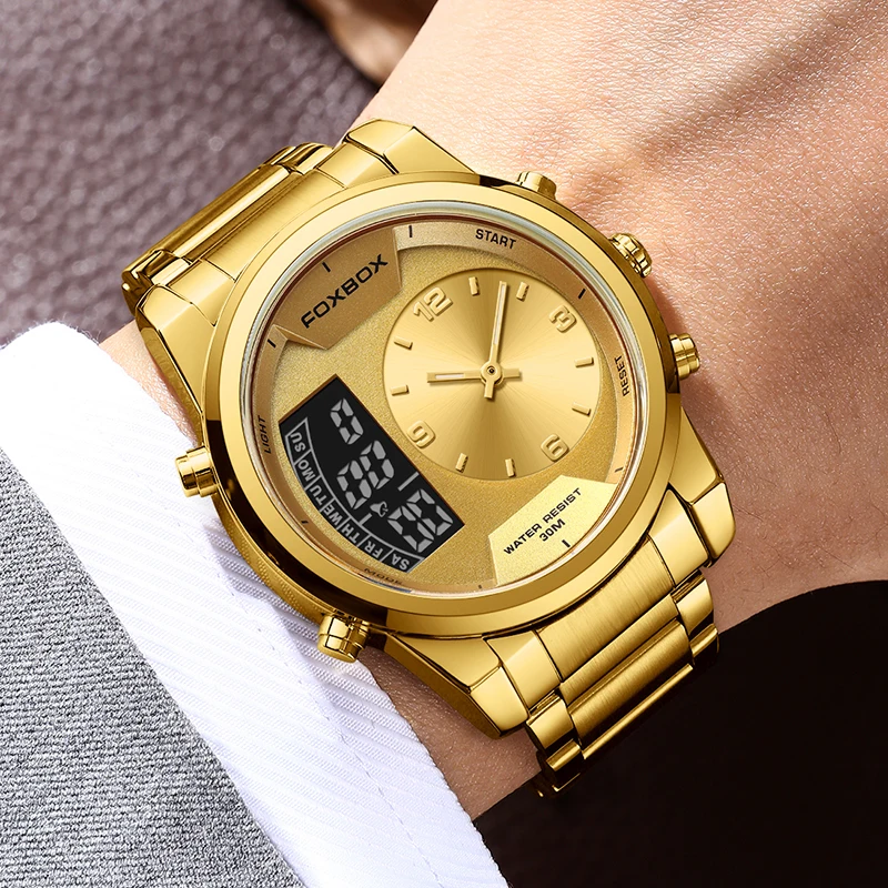 FOXBOX New Gold Quartz Wristwatch For Men Fashion Military Sport Waterproof Watch Men Top Brand Luxury Dual Display Watch Men 5
