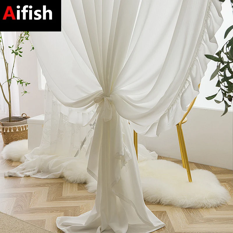 

White Semi Sheer Curtains for Living Room French Romantic Light Filtering Drapes with Ruffles Solid Color Curtains for Bedroom