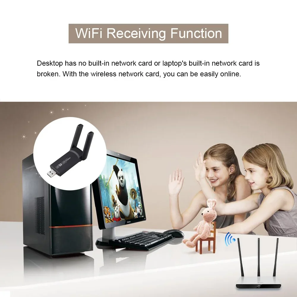 PC용 USB 3.0 와이파이 어댑터, 듀얼 밴드 무선 와이파이 동글 안테나, USB 이더넷 네트워크 카드 리시버, 1300Mbps, 2.4Ghz, 5Ghz