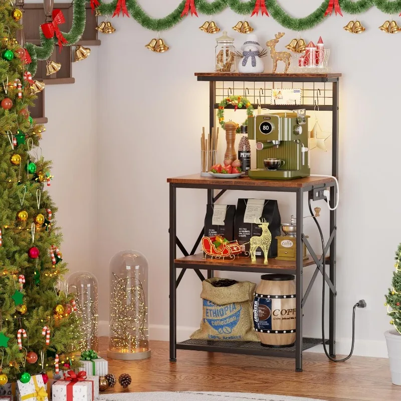 Bakers Rack with Power Outlet and LED Light, Small Microwave Stand with 4 Tier Shelves, Coffee Bar Station Table with 6 S Hooks 6