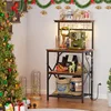 Bakers Rack with Power Outlet and LED Light, Small Microwave Stand with 4 Tier Shelves, Coffee Bar Station Table with 6 S Hooks 6