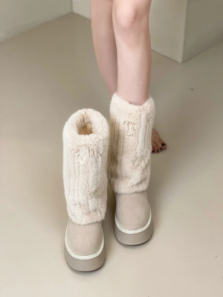 

Med Heel Boots Shoes Luxury Designer Plush Boots-Women Australia Winter Footwear Round Toe Lolita Fashion Ladies Fur 2023 Snow