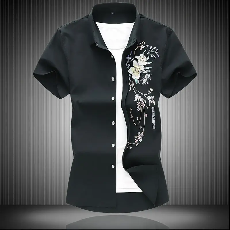 Summer New Turn-down Collar Fashion Short Sleeve Shirt Man High Street Casual Button Y2K Cardigan Floral Printing Office Tops