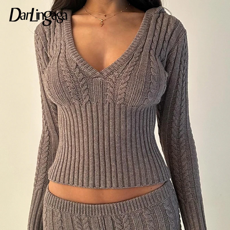 

Darlingaga V Neck Vintage Twisted Autumn Sweater Slim Harajuku Y2K Top Clothing Streetwear Women's Jumper Knitted Pullovers Chic