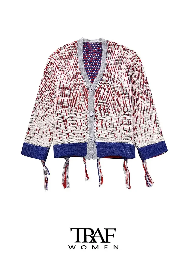 

TRAF-Women's Fringed Knit Cardigan, Long Sleeve Sweater, Front Button, Female Outerwear, Chic Tops, Fashion