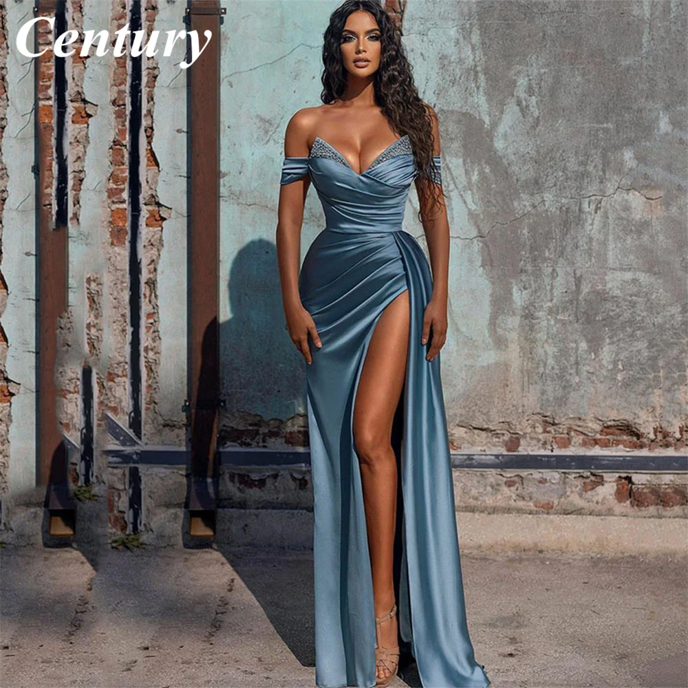 

Century Sexy Grey Blue Off Shoulder Beaded Satin Evening Dress Mermaid for Women Slit V-Neck Pleated Backless Evening Party Gown