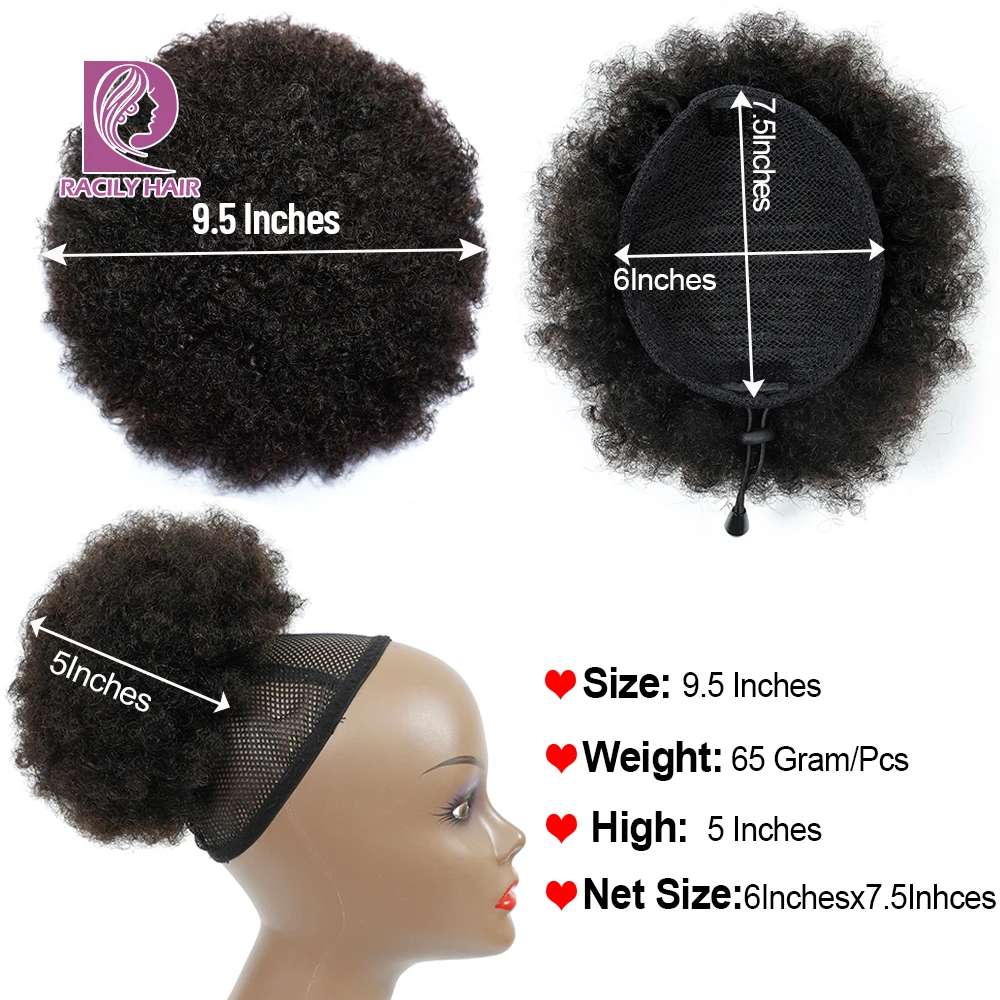 Racily Hair Afro Puff Drawstring Ponytail Human Hair Brazilian Short Curly Drawstring Ponytail Afro Puff Bun Chignon Accessories human hair extensions