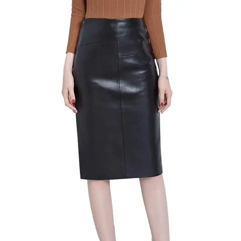 Women 2023 Autumn Winter Sheepskin Skirt Genuine Leather Midi Skirt Female High Waist Split Package Hip Skirt  4XL H167