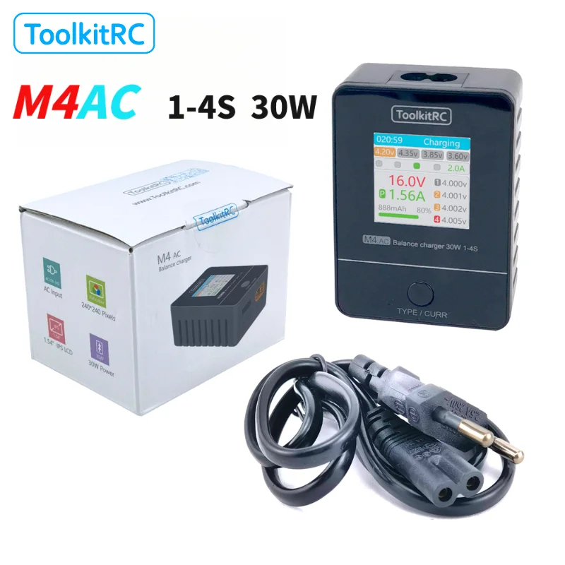 ToolkitRC M4AC 1-4S Lipo LiHV Зарядное устройство 30 Вт с IPS-дисплеем Интерфейс XT30/XT60 для батареи Lipo RC Racing FPV Drone