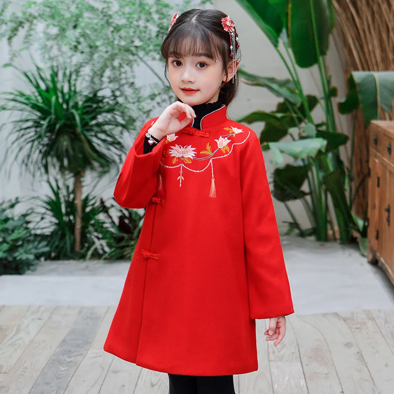 

2022 Winter Qipao Floral Dress Tang-suit Children Clothes Kids Thick Hanfu Embroidery Cheongsam Girls ChineseNew Year Clothes