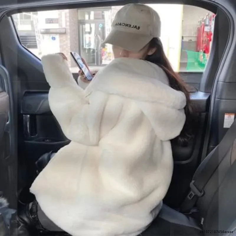 

High Quality Quilted Thick Furry Coat Female Autumn And Winter Lamb Plush Imitation Mink Rex Rabbit Fur Coat Women Hooded Jacket