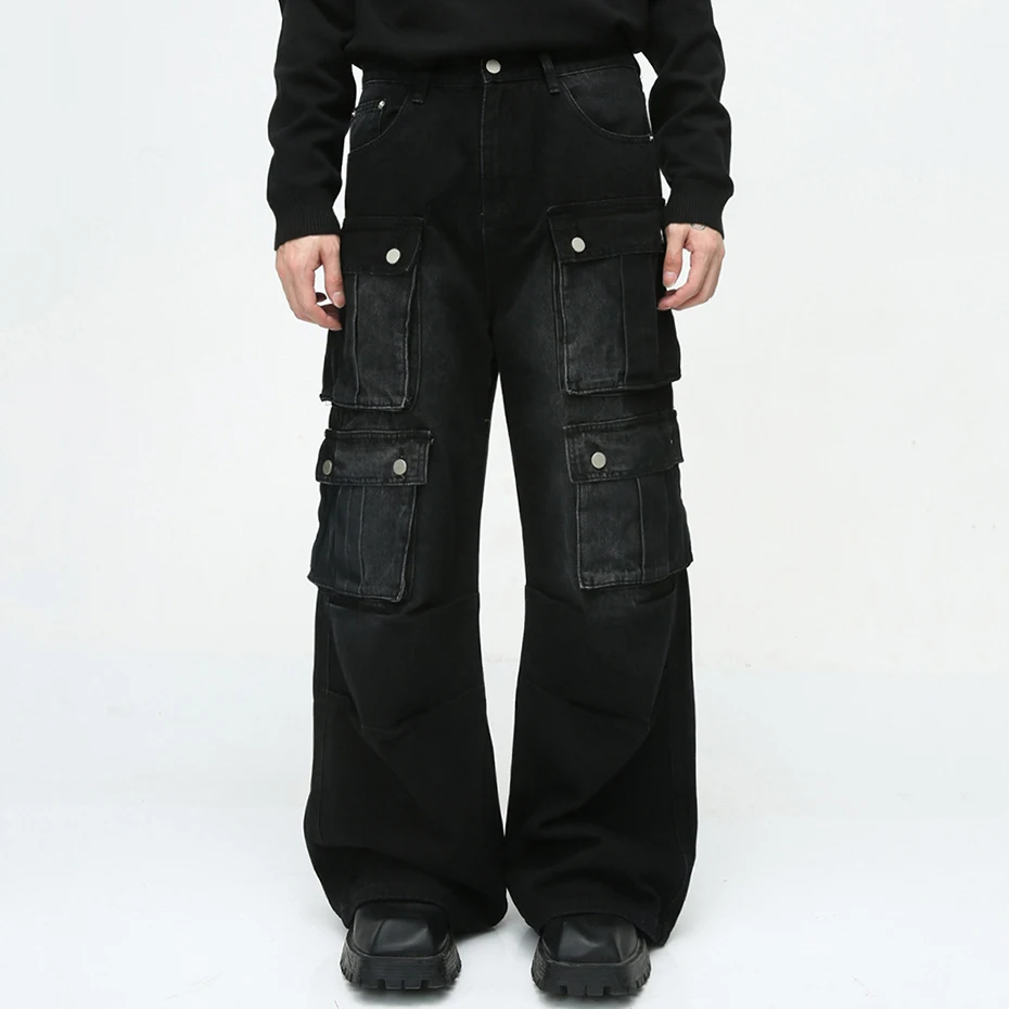 Men Vintage Baggy Jeans Multi Pocket Cargo Denim Pants Black Loose Wide Leg Jeans Trouser 2