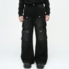 Men Vintage Baggy Jeans Multi Pocket Cargo Denim Pants Black Loose Wide Leg Jeans Trouser 2
