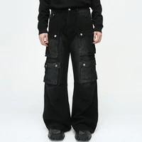 Men Vintage Baggy Jeans Multi Pocket Cargo Denim Pants Black Loose Wide Leg Jeans Trouser 2
