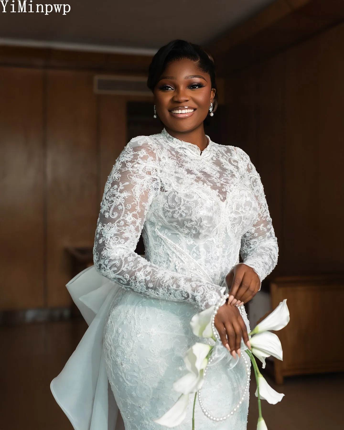 Lace Mermaid Wedding Dresses for Bride Long Sleeves Sweep Train Big Bow Beads Africa Garden Bridal Reception Gowns Customized