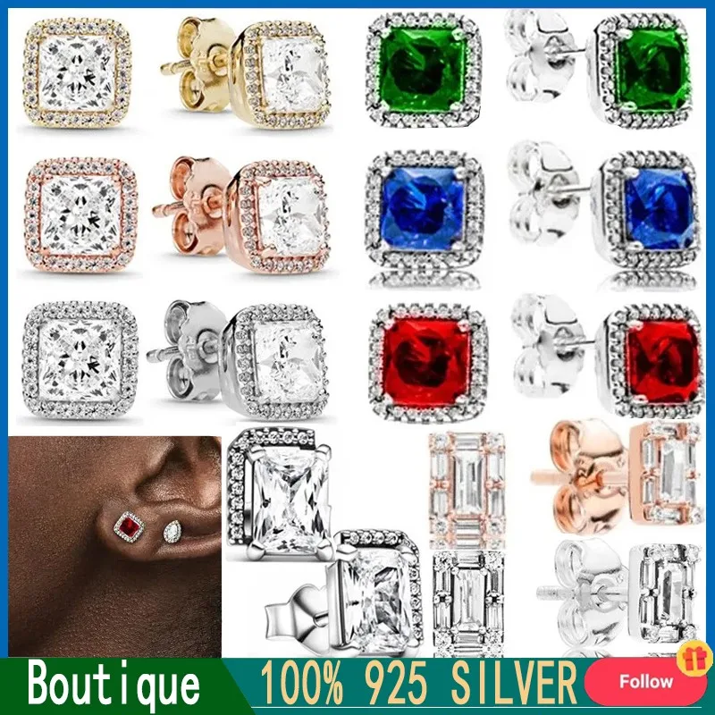 New Original Logo 925 Sterling Silver Women's Square Shining Earrings Fashionable DIY Charming Jewelry Gifts Classic Retro