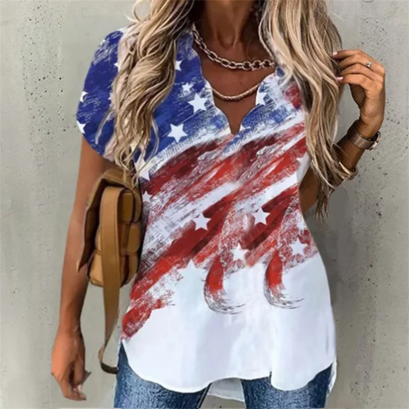 Women's Wave V Neck Pullover Shirt Summer Print Short Sleeve Loose Tops Ladies Elegant Temperament Commuter Daily Casual Blouse